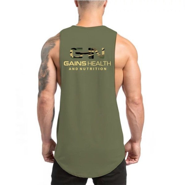 GHN - Tank Top Green Camo logo - GAINS HEALTH AND NUTRITION